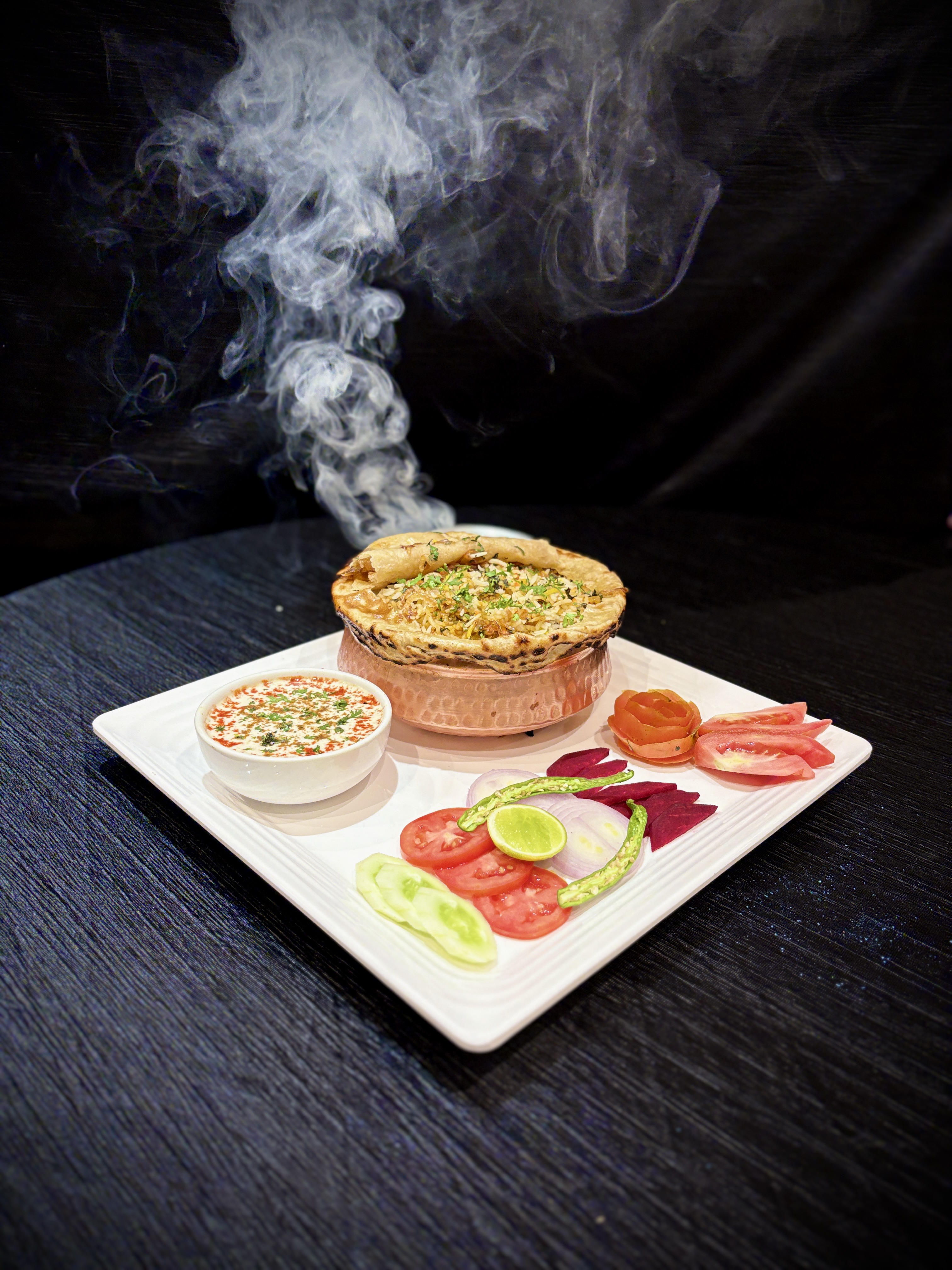 Smoky biryani in copper bowl